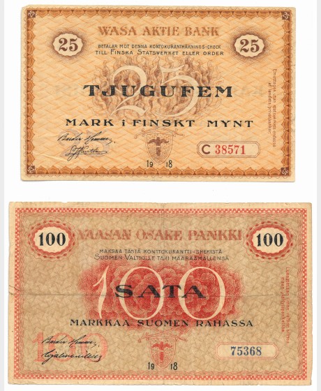 Seteleitä, 2 kpl, Suomi 25 ja 100 markkaa 1918