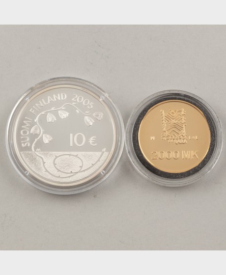 Kultaraha, Suomi 2000 mk 1995 ja hopearaha 10 € 2005