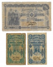 Seteleitä, 3 kpl, Suomi 5 markkaa 1897 ja 100 markaa 1898