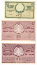 Seteleitä, 3 kpl, Suomi 5 mk ja 10 mk 1918