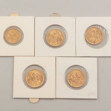 Kultarahoja, 5 kpl, Englanti soverign punta 4 kpl ja 1/2 sovereign punta 1 kpl